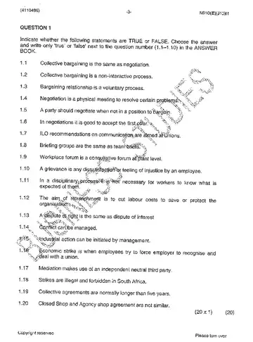 Labour Relations N6 June 2014 question paper, first page of questions