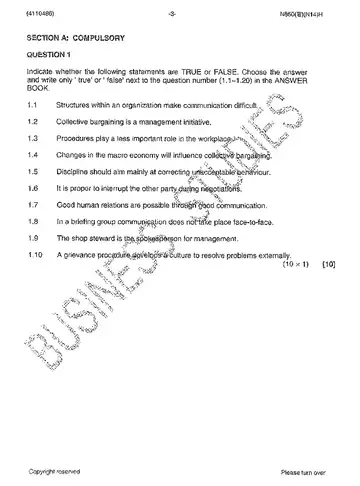 Labour Relations N6 November 2014 question paper, first page of questions