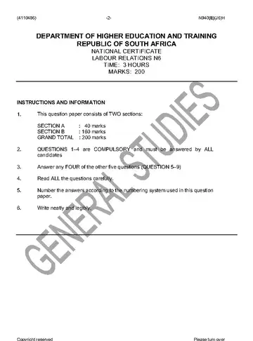 Labour Relations N6 June 2016 question paper, first page of questions