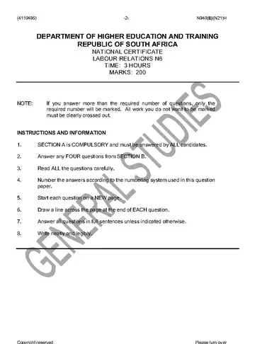 Labour Relations N6 November 2016 question paper, first page of questions