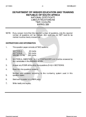 Labour Relations N6 June 2018 question paper, first page of questions