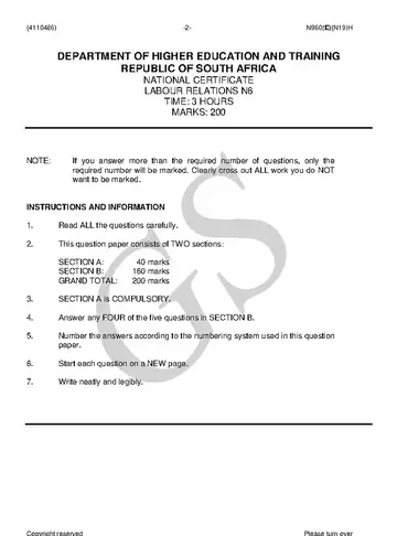 Labour Relations N6 November 2018 question paper, first page of questions
