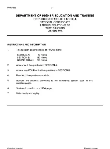 Labour Relations N6 November 2019 question paper, first page of questions