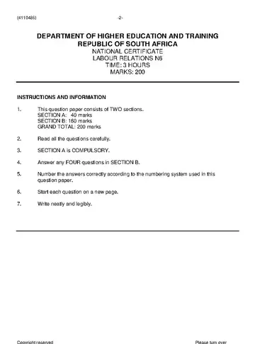 Labour Relations N6 November 2020 question paper, first page of questions