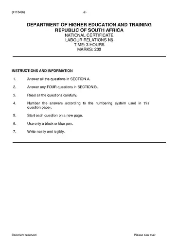 Labour Relations N6 June 2021 question paper, first page of questions