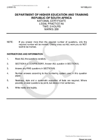 Legal Practice N5 June 2018 question paper, first page of questions