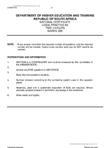 Legal Practice N5 June 2019 question paper, first page of questions