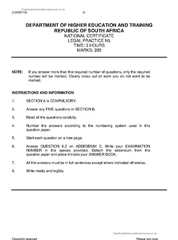 Legal Practice N5 November 2020 question paper, first page of questions