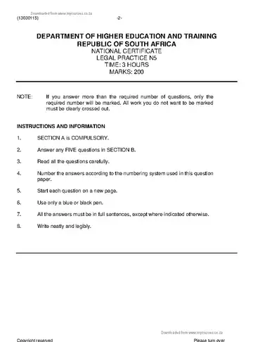 Legal Practice N5 November 2022 question paper, first page of questions