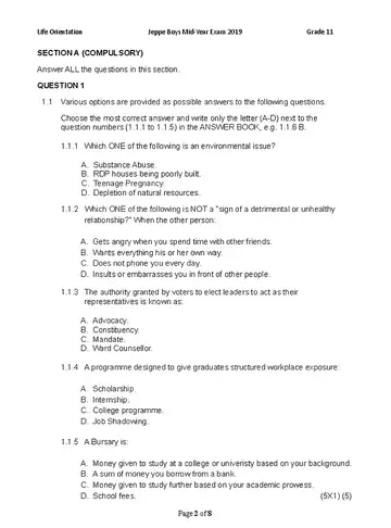 Life Orientation Grade 11 June 2019 question paper, first page of questions