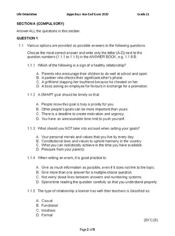 Life Orientation Grade 11 November 2020 question paper, first page of questions