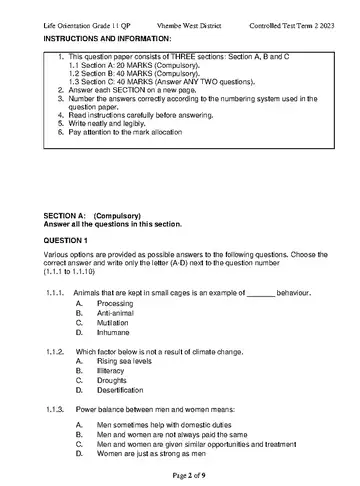 Life Orientation Grade 11 Common Test 2023 question paper, first page of questions