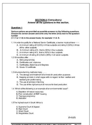 Life Orientation Grade 11 Common Test 2025 question paper, first page of questions