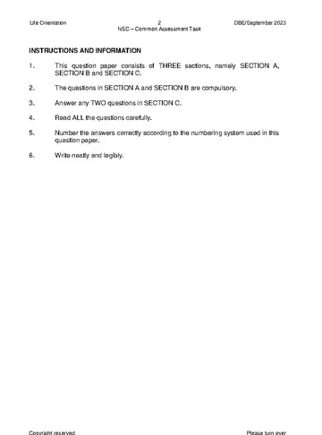 Life Orientation Grade 12 September Trial 2023 question paper, first page of questions