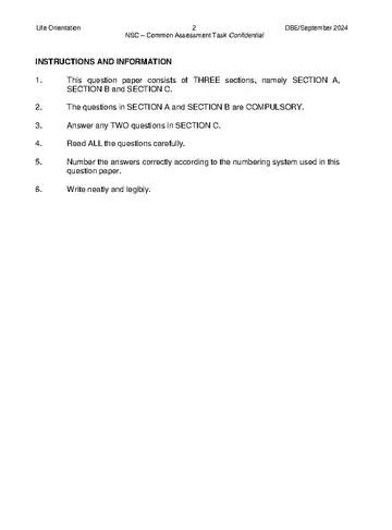 Life Orientation Grade 12 September Trial 2024 question paper, first page of questions