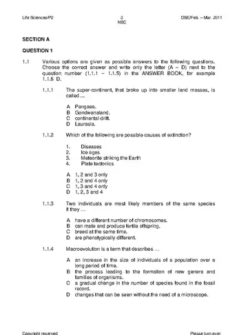 Life Sciences Grade 12 Feb/March Supplementary 2011 Paper 2 (National DBE) question paper, first page of questions