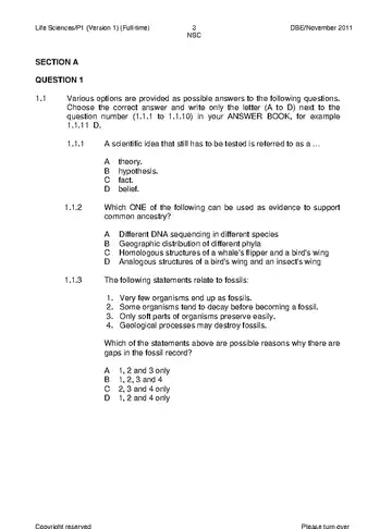 Life Sciences Grade 12 November 2011 Paper 1 (National DBE) question paper, first page of questions