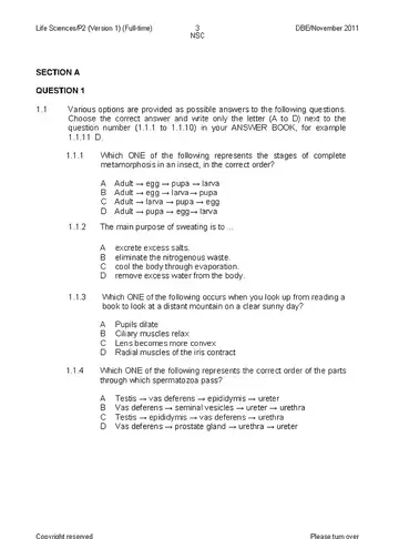 Life Sciences Grade 12 November 2011 Paper 2 (National DBE) question paper, first page of questions