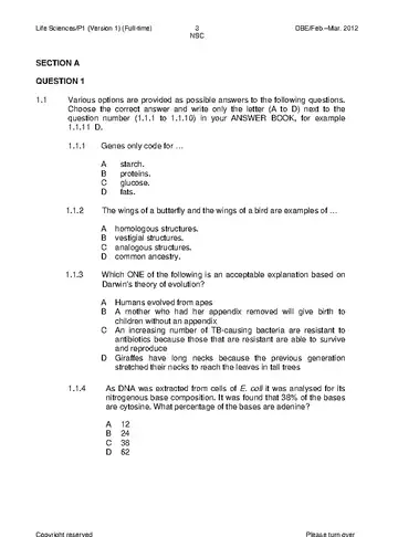 Life Sciences Grade 12 Feb/March Supplementary 2012 Paper 1 (National DBE) question paper, first page of questions