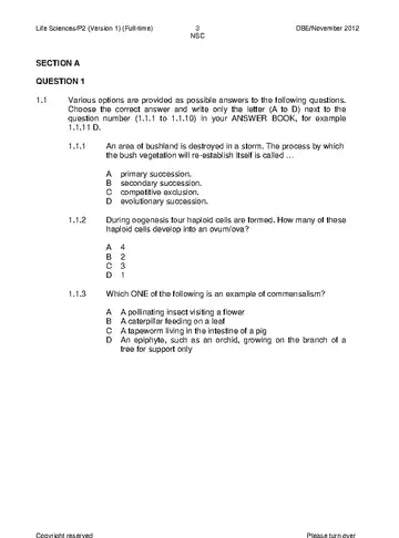 Life Sciences Grade 12 November 2012 Paper 2 (National DBE) question paper, first page of questions
