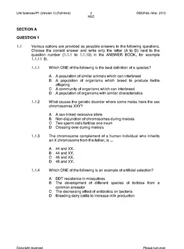 Life Sciences Grade 12 Feb/March Supplementary 2013 Paper 1 (National DBE) question paper, first page of questions