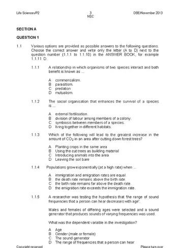 Life Sciences Grade 12 November 2013 Paper 2 (National DBE) question paper, first page of questions