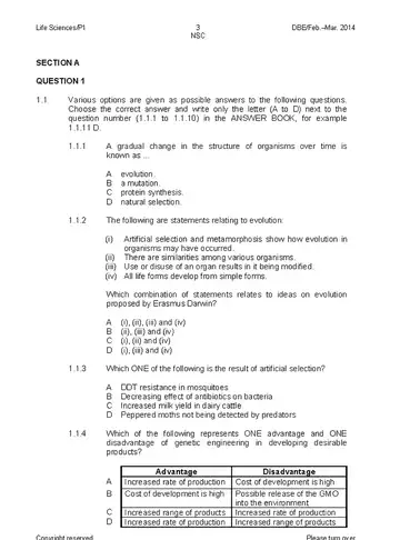 Life Sciences Grade 12 Feb/March Supplementary 2014 Paper 1 (National DBE) question paper, first page of questions