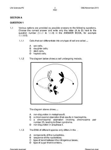 Life Sciences Grade 12 November 2015 Paper 2 (National DBE) question paper, first page of questions