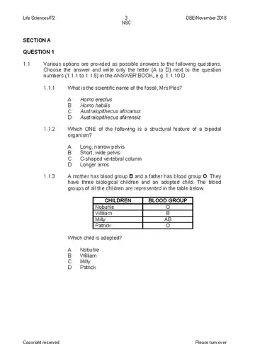 Life Sciences Grade 12 November 2018 Paper 2 (National DBE) question paper, first page of questions