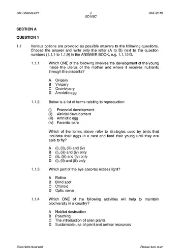 Life Sciences Grade 12 May/June 2019 Paper 1 question paper, first page of questions
