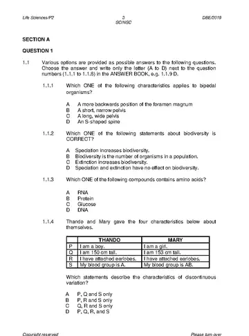 Life Sciences Grade 12 May/June 2019 Paper 2 question paper, first page of questions