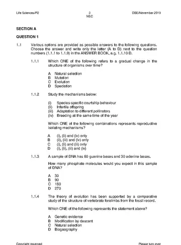 Life Sciences Grade 12 November 2019 Paper 2 (National DBE) question paper, first page of questions