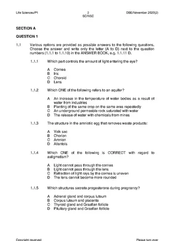 Life Sciences Grade 12 November 2020 Paper 1 (National DBE) question paper, first page of questions