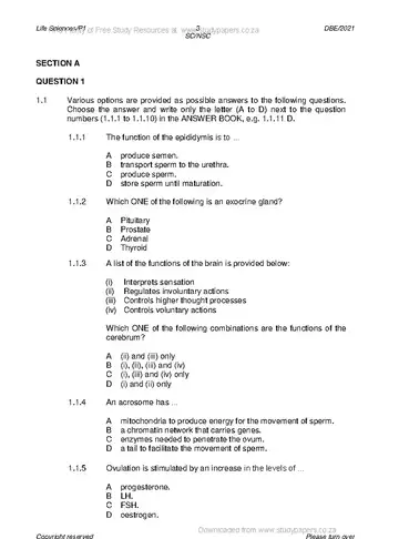 Life Sciences Grade 12 May/June 2021 Paper 1 question paper, first page of questions