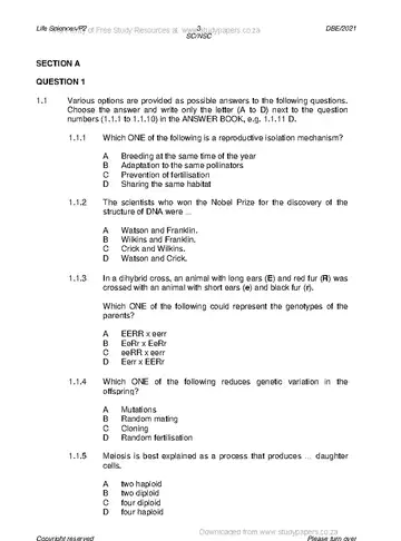 Life Sciences Grade 12 May/June 2021 Paper 2 question paper, first page of questions