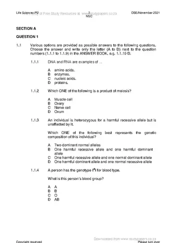 Life Sciences Grade 12 November 2021 Paper 2 (National DBE) question paper, first page of questions