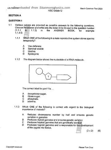 Life Sciences Grade 12 March Test 2023 question paper, first page of questions