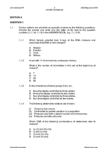 Life Sciences Grade 12 May/June 2024 Paper 2 question paper, first page of questions
