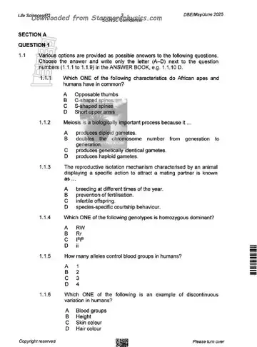 Life Sciences Grade 12 May/June 2025 Paper 2 (National DBE) question paper, first page of questions