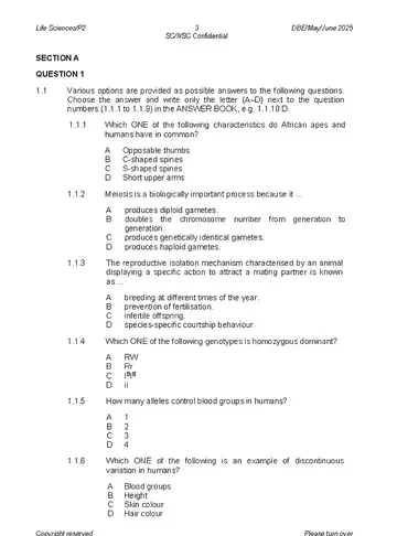 Life Sciences Grade 12 May/June 2025 Paper 2 question paper, first page of questions