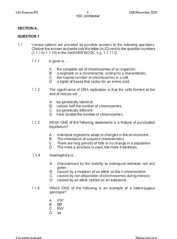 Life Sciences Grade 12 November 2025 Paper 2 (National DBE) question paper, first page of questions