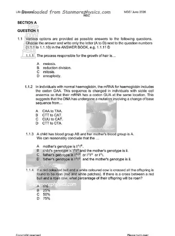 Life Sciences Grade 12 June 2026 (Mpumalanga) question paper, first page of questions