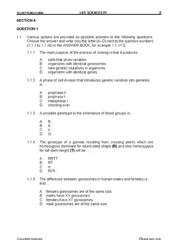 Life Sciences Grade 12 September Trial 2026 Paper 2 (Eastern Cape) question paper, first page of questions
