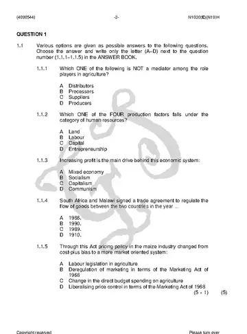 Management Farming N4 November 2018 question paper, first page of questions