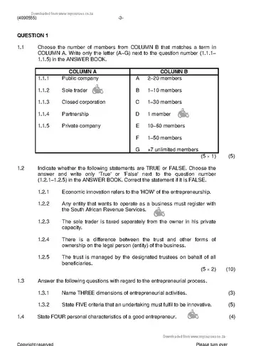 Management N5 November 2019 question paper, first page of questions