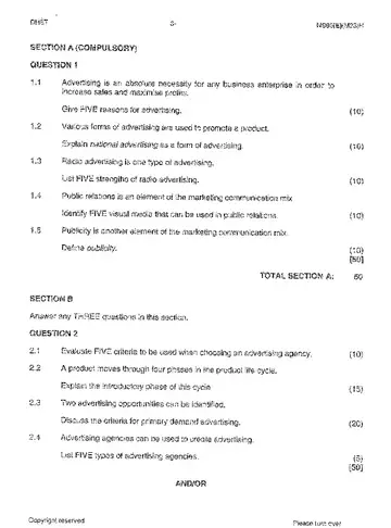 Marketing Communication N6 June 2013 question paper, first page of questions