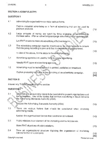 Marketing Communication N6 June 2014 question paper, first page of questions