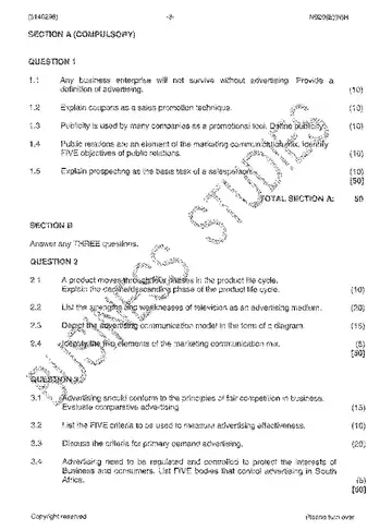 Marketing Communication N6 November 2014 question paper, first page of questions