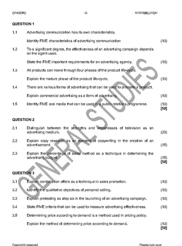 Marketing Communication N6 June 2016 question paper, first page of questions