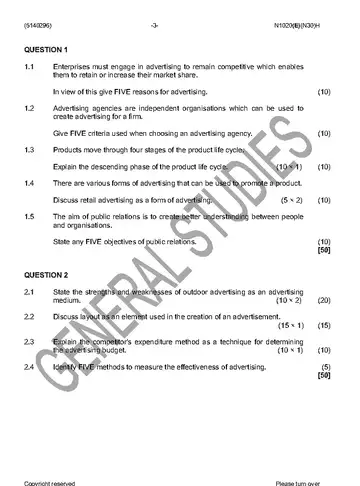 Marketing Communication N6 November 2016 question paper, first page of questions